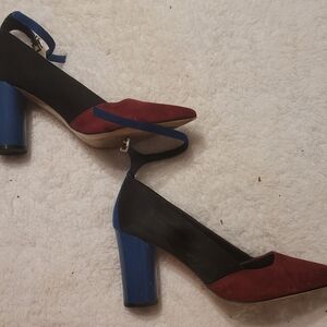 Elegant Black and Red Velvet Heels with Blue Accents
